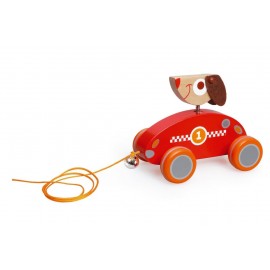 Petit chien pilote de course en bois à tirer pour bébé