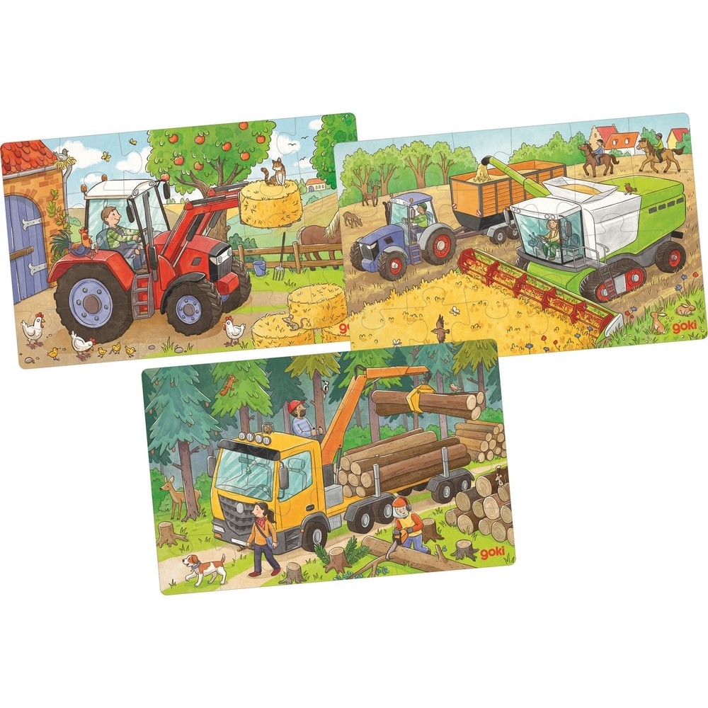 Lot de 3 puzzles 24 pièces en bois pour enfant - Véhicules agricoles