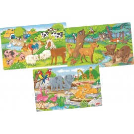 Lot de 3 puzzles 24 pièces en bois pour enfant - Animaux d'ici et d'ailleurs
