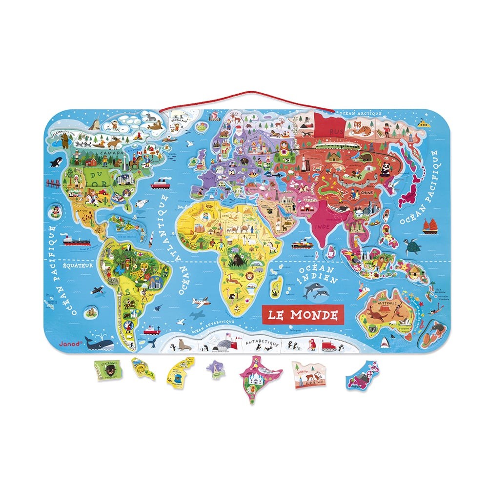 Puzzle magnétique 92 pièces en bois pour enfant - Carte du monde